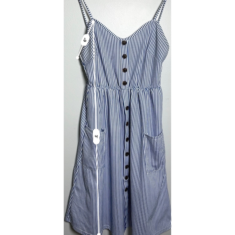 Womens Blue White Striped Button Front Midi Sundress Pockets Smocked Back XL - Picture 3 of 10